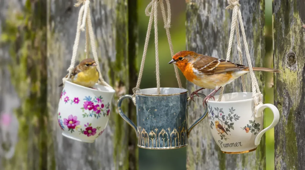 En avril, ces tasses anciennes sur la clôture du jardin aident les oiseaux et protègent discrètement votre potager